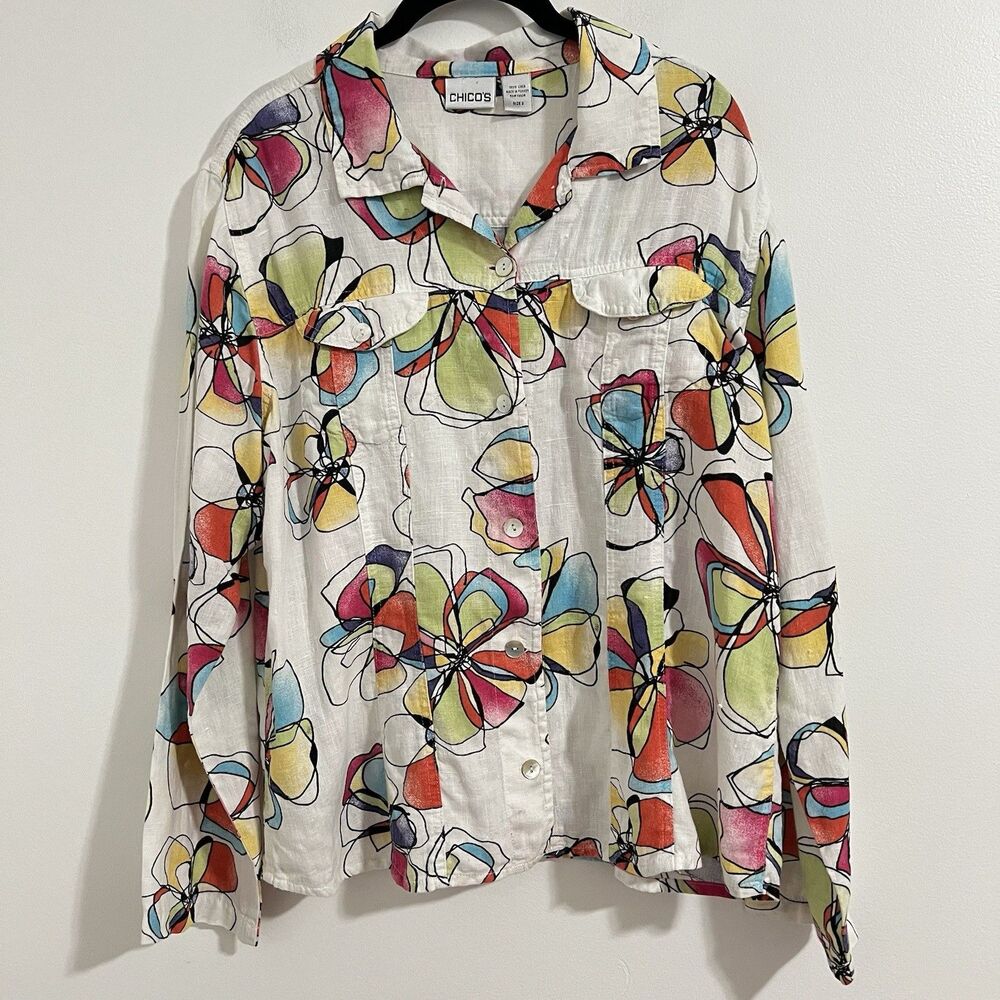 Chicos Linen Floral Blouse Size 2/ US L White Yellow Boho Wearable Art Button 90